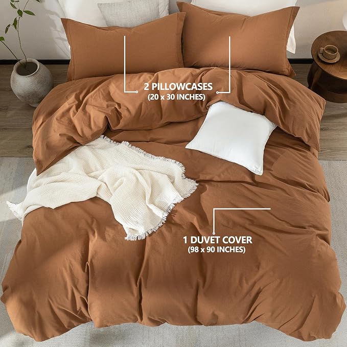 100% Washed Cotton Dark Orange Duvet Cover Super Queen Size Bedding Set Cover 1 Duvet Cover with Zipper Closure and 2 Pillowcases, 98inch x 90inch