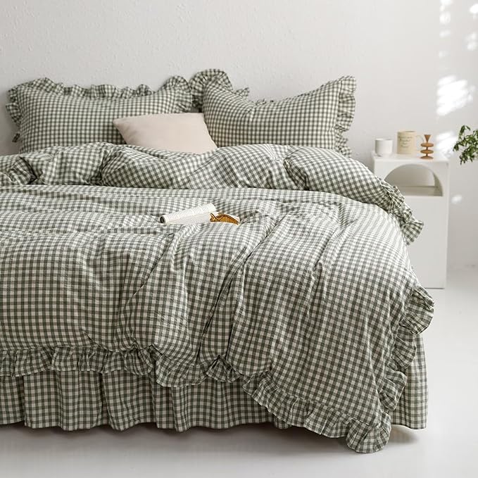 mixinni Green Gingham Ruffle Duvet Cover Queen Size 3 Pieces – 100% Washed Cotton, Vintage Plaid Ruffled Bedding Set with Zipper Ties, Soft Checkered Grid Farmhouse Chic Comforter Cover Set