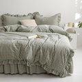 mixinni Green Gingham Ruffle Duvet Cover Twin XL Size 3 Pieces – 100% Washed Cotton, Vintage Plaid Ruffled Bedding Set with Zipper Ties, Soft Checkered Grid Farmhouse Chic Comforter Cover Set