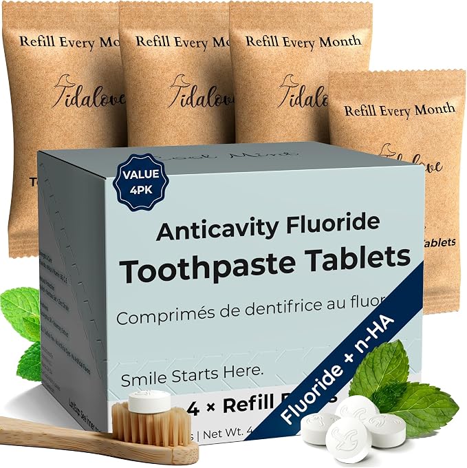Fluoride Toothpaste Tablets with nHAp, Cool Mint, 4-Month Refill | Four paper refill pouches with 248 fluoride toothpaste tablets; pre-portioned for daily brushing, home, and travel.