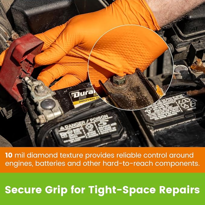 TREEGO Orange 10 Mil Diamond Grip Nitrile Gloves Case, Medium, 1000 Count | Latex Free, High Visibility Grip for Equipment Maintenance, Utility Service, Field Repair & Facility Operations
