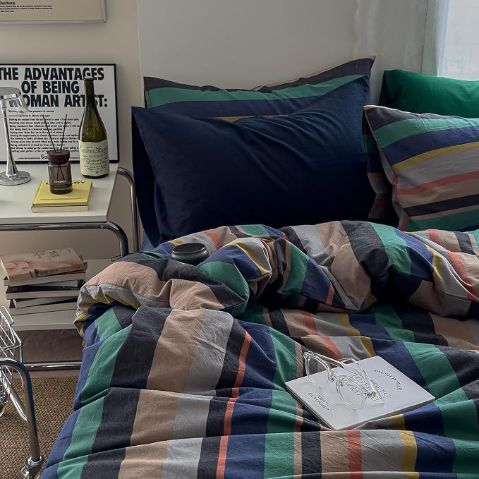 mixinni Vintage Striped Duvet Cover Full 100% Washed Cotton Bedding Set Retro Mid Century Modern Striped Duvet Cover with Zipper Closure Corner Ties for Kids Teens Dorm