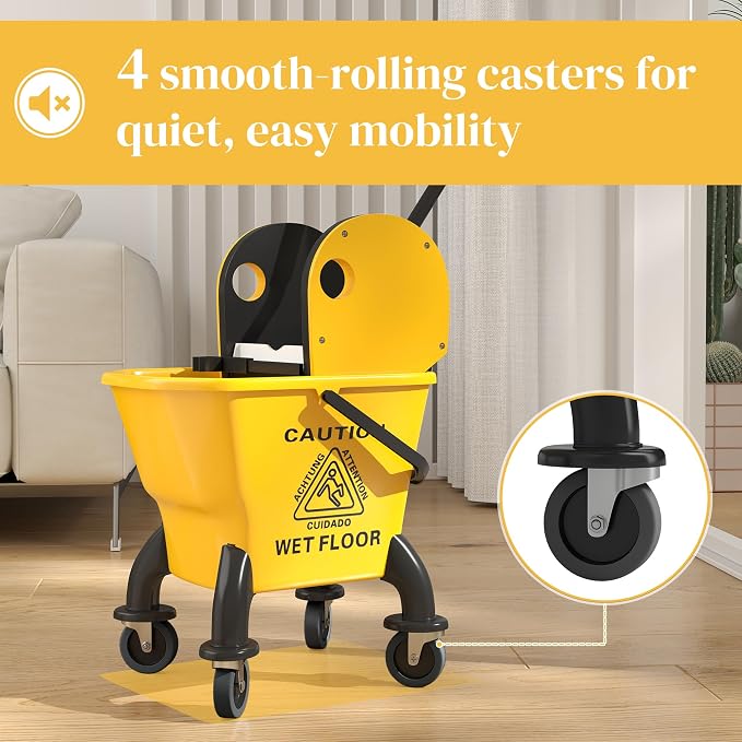 HOMCOM Mop Bucket with Wringer on Wheels, 27.5 Quart, with Mop, Yellow | Down Press Wringer, Handle and Mop, Floor Cleaning