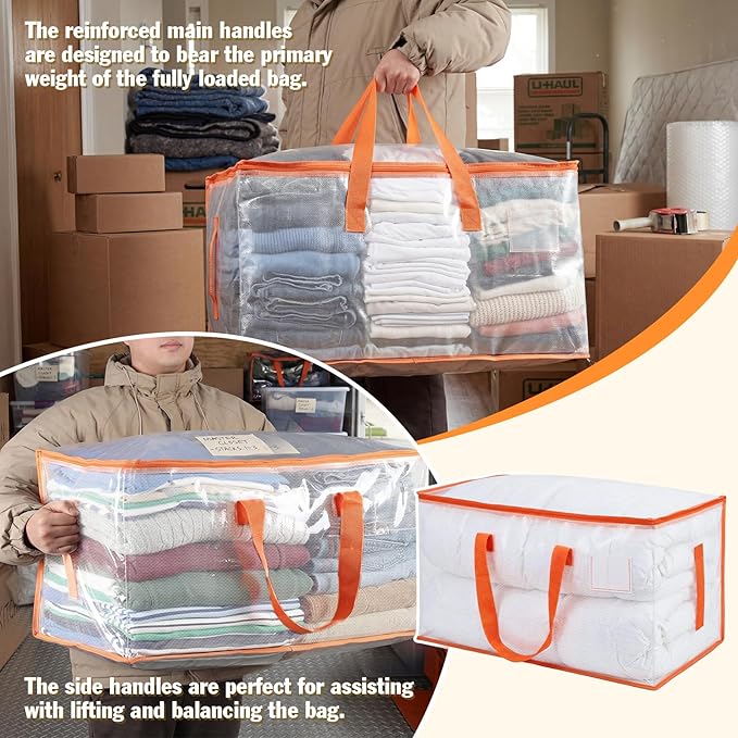 KYODOLED 6-Pack Clear Moving Bags Heavy Duty Extra Large, Storage Totes with Reinforced Handles & Label Pocket, Transparent Packing Containers for College Dorm, Clothes, Bedding, Home Organization