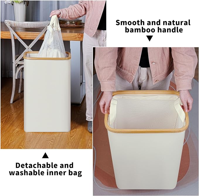 iEGrow Slim Laundry Hamper,75L Beige Narrow Laundry Basket with Lid,Foldable Clothes Hamper with Bamboo Handles,Hamper Basket with Removable Inner Bag for Laundry Room Bedroom College Dorm