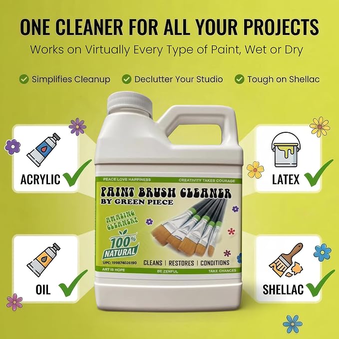 Green Piece® Paint Brush Cleaner & Restorer with Collapsible Silicone Cleaning Container – Natural Non-Toxic – Cleans Acrylic, Latex, Oil & Shellac Paint – Paint Brush Washer Cup – Made in USA – 18 Oz