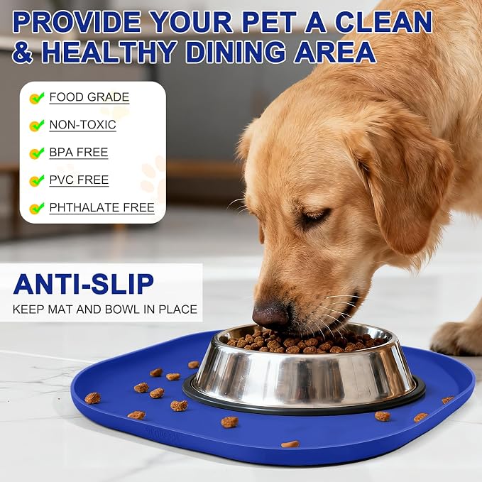 SMILOOL Waterproof Silicone Pet Food Mat with Raised Edge for Dog & Cat | 12" x 12" Non-Slip Small Pet Feeding Mats with Lip for Food & Water Bowl, Food Grade, Easy Cleaning, Navy Blue