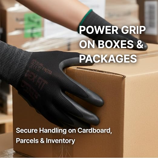 DEX FIT Nitrile Work Gloves FN330, 3D Comfort Fit, Touchscreen Grip Gloves for Warehouse, Construction, Package Handling, Delivery & General Work, Men & Women, Black, L, 3 Pairs