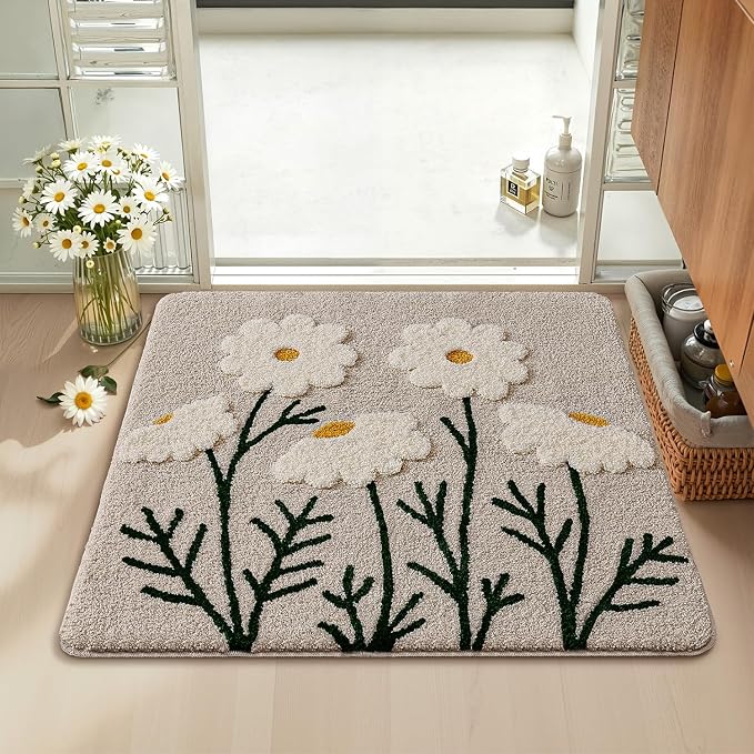 LUMI Bathroom Rugs Cute Daisy, Soft Absorbent Square Bath Mat Non-Slip, Machine Washable Quick Dry White Grey Luxury Rug Flower for Kids Room, Bathtub, Home Decor, 26"x26"