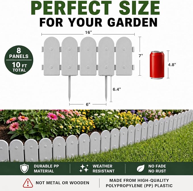 Garden Border Plastic Edging: Wooden Fence Design - 8pcs Gray Yard Landscaping Fence Liner Lawn Edge Barrier - 10ft Kit of Decorative Lawn Panels Elements -Landscaping Edging-GMT-10374-E08