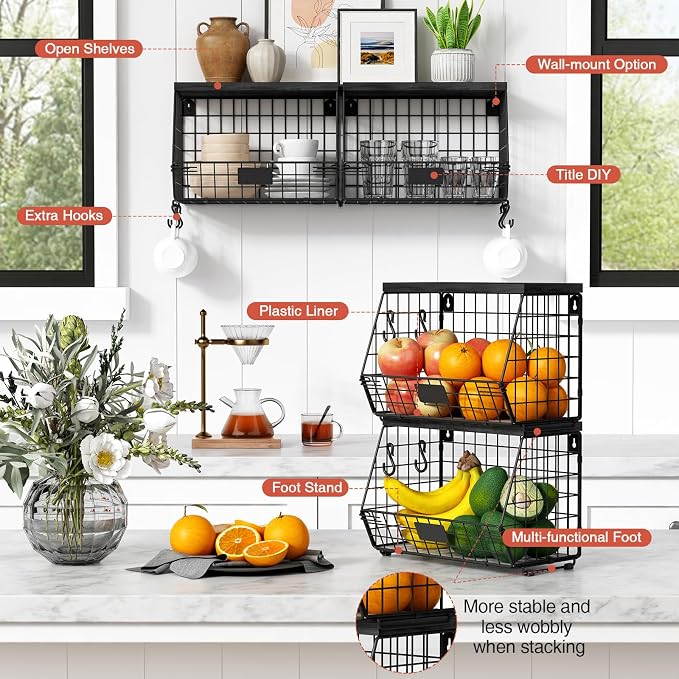 Goozii Black Kitchen Wall Hanging Storage Basket Set of 2, Rustic Stackable Kitchen Counter Fruit Organizer, Wire Baskets Container for Veggie, Garlic, Produce, Onion and Potato (Black Shelf)