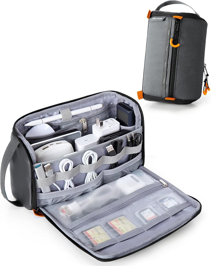 Smasrob Electronics Organizer Travel Case, Tech Bag Charger Pouch, Gray | Water Resistant, Elastic Bands, for Cord, Cable, SIM Cards, Phone, Airpods