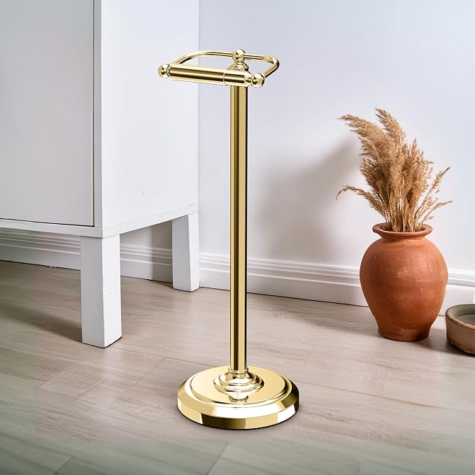 Home Accents Toilet Paper Holder Stand, Brass Finish, Freestanding Bathroom Floor Stand, Weighted Base, 22 Inch