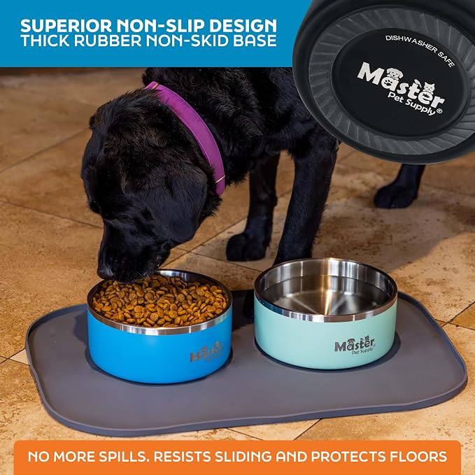 Master Pet Supply Stainless Steel Dog Bowls - 64 oz, Heavy Duty - Black Velvet, Double Wall Extra-Thick Insulated, Non-Slip Pet Water Bowl for Dogs, Cats & Pets, Anti Rust Metal, Dish Washer Safe