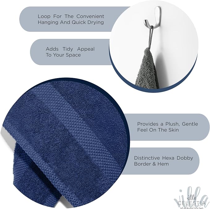 Villa Celestia 24-Piece 100% Cotton Towel Set, 6 Bath Towels, 6 Hand Towels, 12 Wash Cloth, Quick-Dry, Navy Blue