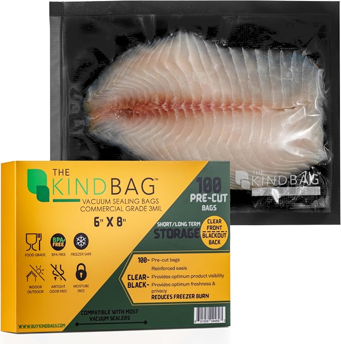 The Kind Bag Vacuum Seal Bags for Food Storage, 6x8 Inch 100 Pack, Pre-Cut 3mil Commercial Grade, Black Back Clear Front, BPA Free, Airtight and Freezer Safe, Prevents Freezer Burn