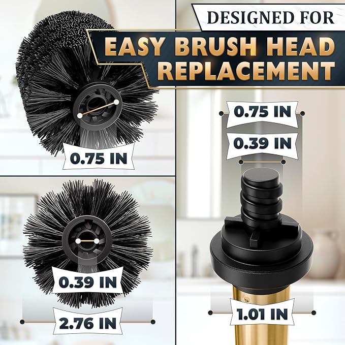 2 PCS Gold Toilet Brush and Holder Set - Brushed Stainless Steel Gold Toilet Bowl Brush and Holder with Replacable Head, Removable Inner Bowl, and Splash Protection - Dense Bristles for Cleaning