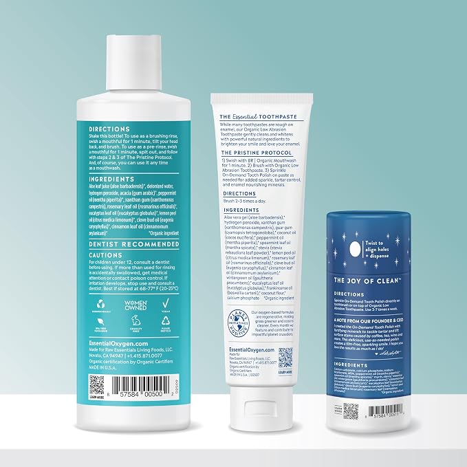Essential Oxygen Pristine Protocol A 3-Step System (1. Rinse 2. Brush 3. Polish) for Your Best Smile Ever, 3 Count, Combo Pack