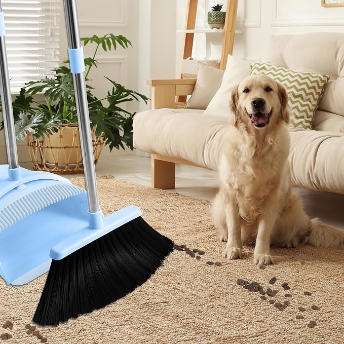 BSKLIN Broom and Dustpan Set for Home, 52" Long Handle Broom Set with Dustpan Teeth to Clean Hair Sweeping Indoor and Outdoor (Blue)