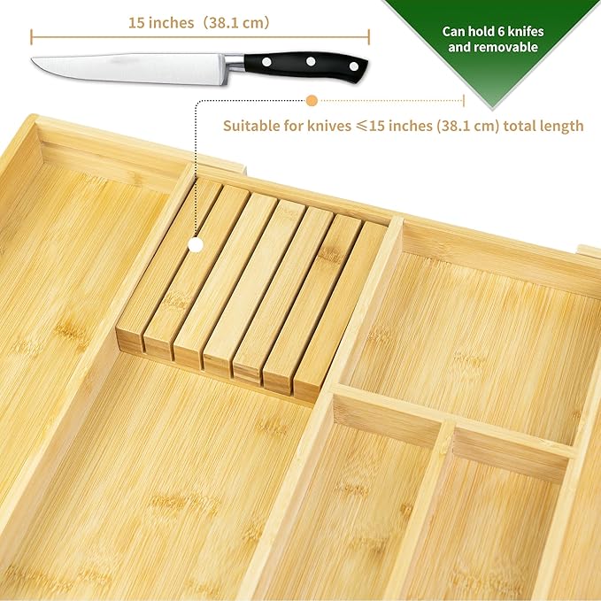 VaeFae Bamboo Silverware Drawer Organizer Kitchen, Expandable Utensil Organizer with Knife Block, Cutlery Tray with Divider, Multifunctional Drawer Organizer