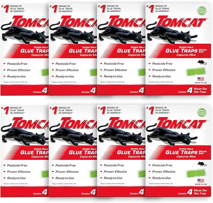 Tomcat Super Hold Glue Traps Mouse Size, 32 Traps | For Mice, Cockroaches, Spiders, and Scorpions, Ready-To-Use, 8 Packages Each with 4 Glue Traps