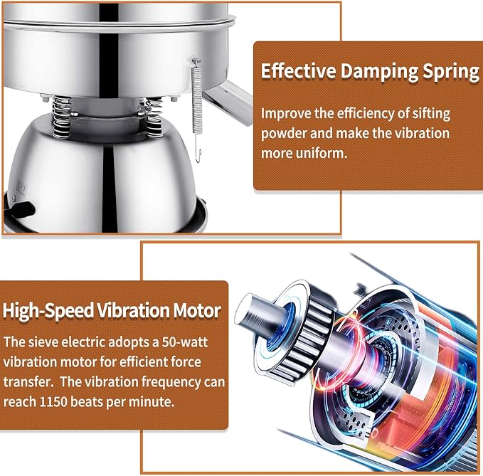 Automatic Sieve Shaker Machine, 110V Stainless Steel Vibrating Sifter with 10 & 60 Mesh Screens for Flour & Powders