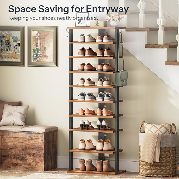 HOOBRO 10 Tiers Vertical Shoe Rack, Wooden Shoe Storage Organizer with Hooks, Narrow Shoe Tower for 20 Pairs, Space Saving, for Entryway, Living Room, Bedroom, Rustic Brown FG140XJ01