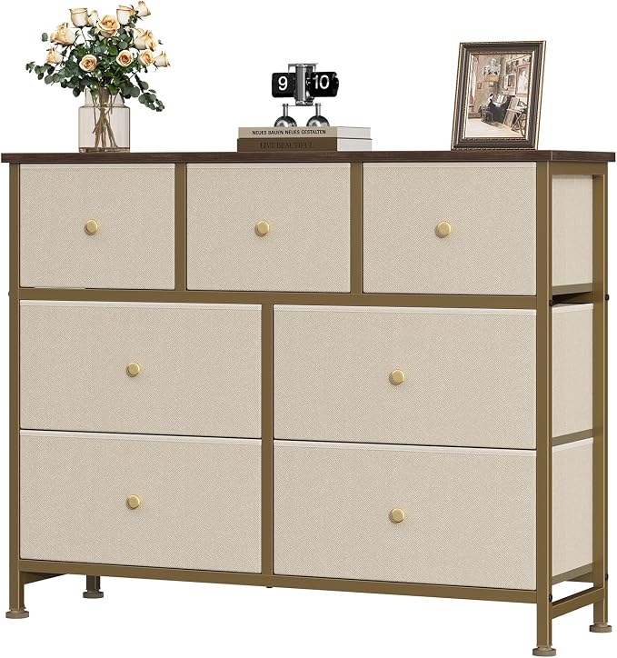 OLIXIS 7 Drawer Dresser for Bedroom, Tall Fabric Storage Tower with Sturdy Steel Frame and Wooden Top, Large Dresser for Living Room Entryway with Easy Pull Fabric Bins,Khaki