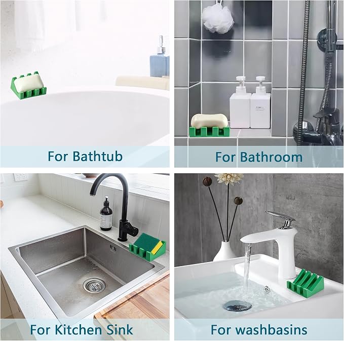 Self Draining Soap Dish Holder,Silicone Soap Dish,for Bathroom,Kitchen, Sponges，Can Extend Soap Life，Keep Soap Bars Dry and Easy Cleaning (Deep Green,2-Pack)