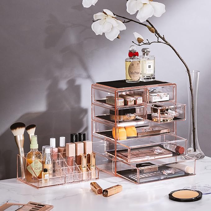 Sorbus Acrylic Makeup Organizer Set, 7-Drawer Vanity & Countertop Cosmetic Storage with Small & Wide Compartments, Pink Makeup Storage for Brushes, Jewelry – Holiday Gift for Women & Teens