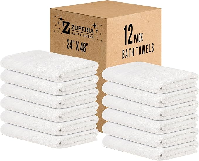 ZUPERIA White Bath Towels Bulk 12 Pack (24 x 48 Inches) - 100% Cotton Economy Light Weight Towels for Commercial Use - Quick Dry, Ultra-Soft, and Absorbent Bulk Towels