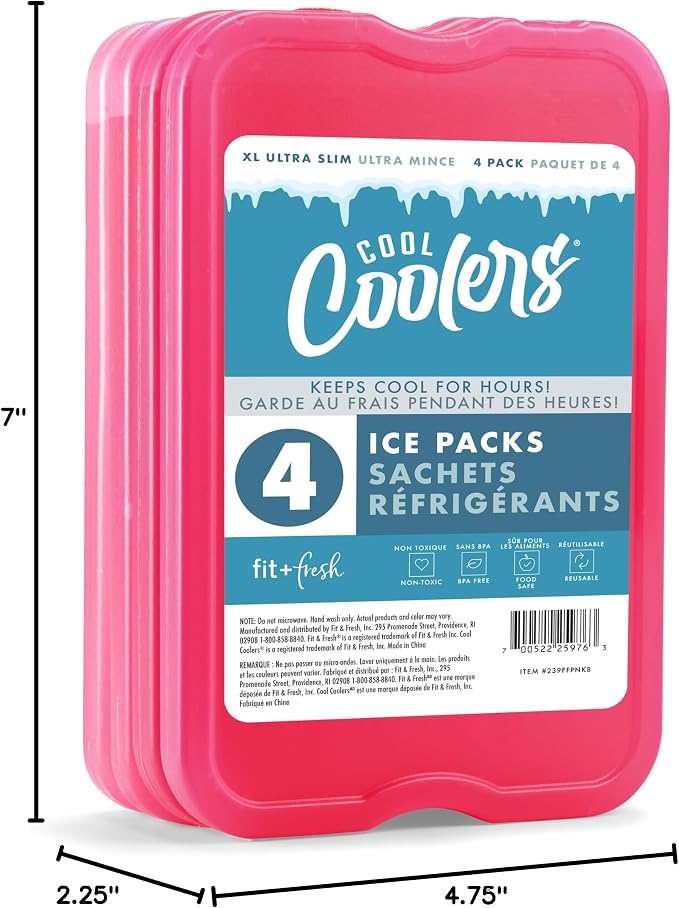 Cool Coolers by Fit & Fresh 4 Pack XL Slim Ice Packs, Quick Freeze Space Saving Reusable Ice Packs for Lunch Boxes or Coolers