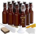 Nevlers 8.5 Oz Amber Swing Top Glass Bottles with Airtight Lid | Small Beer Bottle 12 Pack | Flip Top Glass Bottle Set with Funnel, Brush, Marker, Tags & Shrink Wrap | Homemade Vanilla Extract Bottles