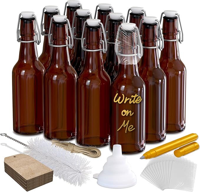 Nevlers 8.5 Oz Amber Swing Top Glass Bottles with Airtight Lid | Small Beer Bottle 12 Pack | Flip Top Glass Bottle Set with Funnel, Brush, Marker, Tags & Shrink Wrap | Homemade Vanilla Extract Bottles