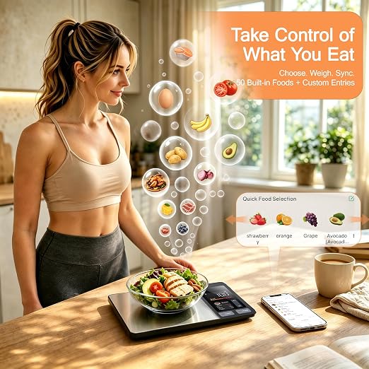 Smart Food Scale with Nutritional Calculator, Free App & TFT Display – Digital Kitchen Scale for Calorie & Macro Tracking, 50 Built-in Foods,23 Nutrients Analysis,Personal Goals for Meal Prep