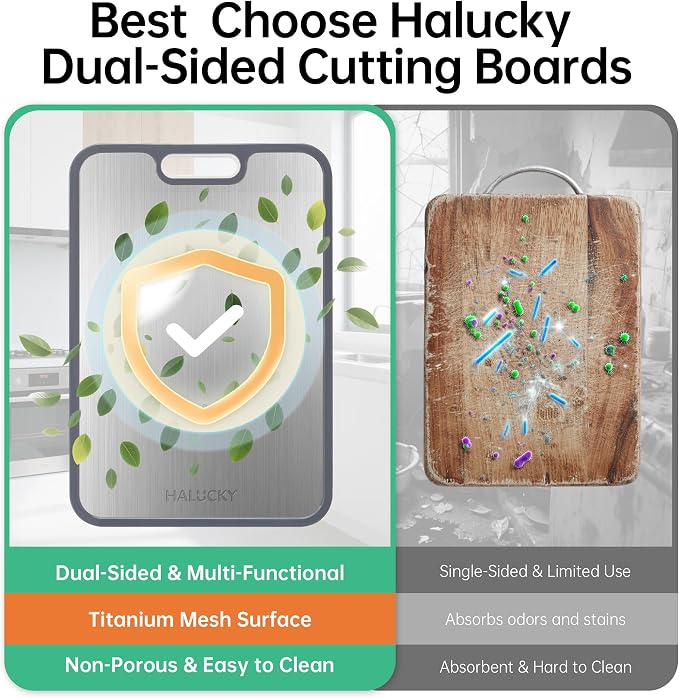 Titanium Cutting Board for Kitchen, Non Toxic Cutting Board Double Sided Food Grade, 2-in-1 Pure Titanium and Wheat Straw PP, Chopping Board for Meat and Fruit, Easy to Clean 16”×11” (Large)