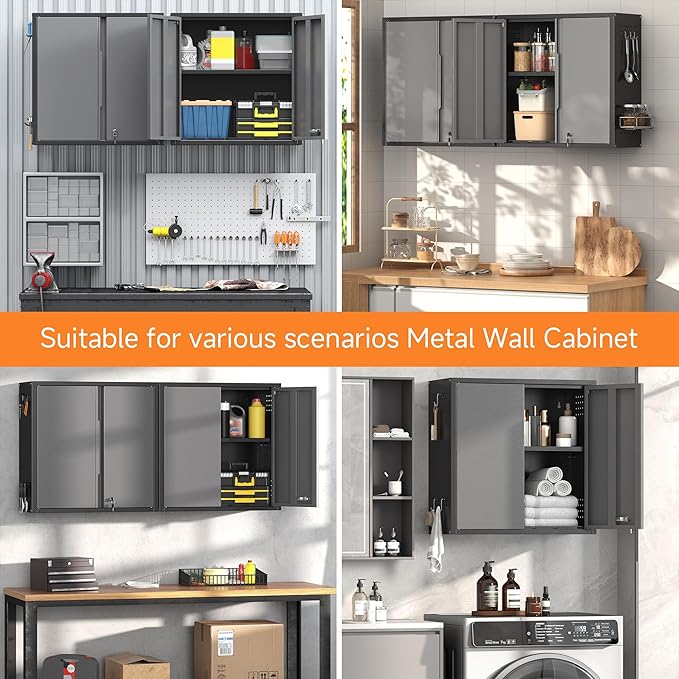 Coolsun Garage Wall Cabinet, 26" H Metal Wall Cabinet with Lockable Doors and Adjustable Shelf, Wall Mounted Metal Storage Cabinets for Garage Assembly Required (26" H Black Gray)