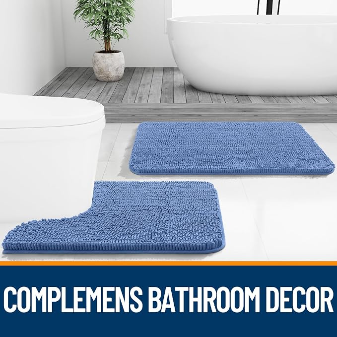 OLANLY Small Bathroom Rugs 24x16, Soft Absorbent Chenille Bath Rugs, Rubber Backing Quick Dry, Machine Washable Bath Mats for Bathroom Floor, Tub and Shower, Home Decor Accessories, Cornflower Blue
