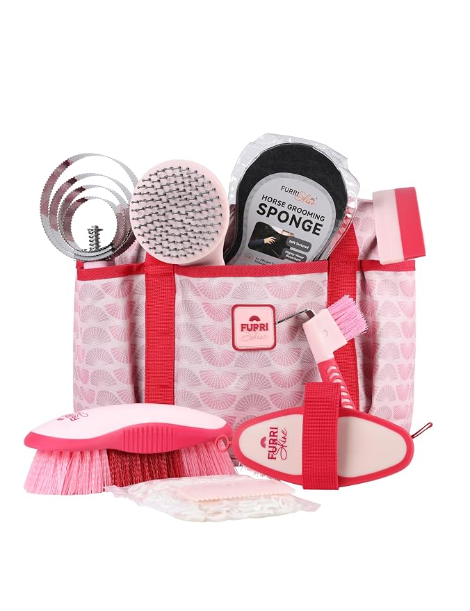 Horse Grooming Kit, 9 Piece Grooming Brush Set with Silicone Curry Comb for Bathing & Shedding Pink Garnet