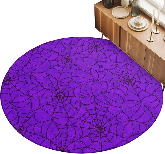 Round Area Rug 4', Purple Halloween Washable Area Rugs for Kitchen Bathroom Bedroom Office Dining Room, Black Spiders Net Classic Gingham Non Slip Door Mat Indoor Entrance Floor Throw Circle Carpet