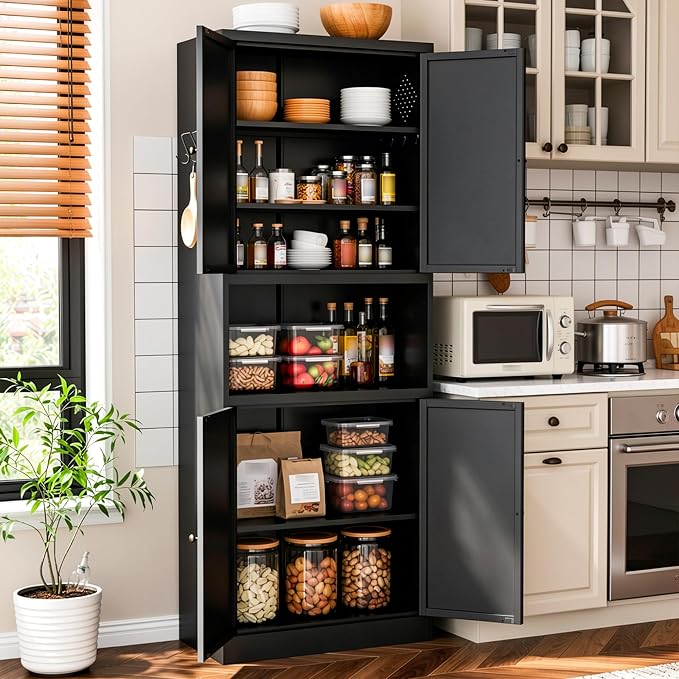 AQY Metal Pantry Cabinet, 72" Black Kitchen Storage Cabinet with Doors | Microwave Stand 3 Adjustable Shelves Freestanding Storage Metal Cabinet Kitchen Organization