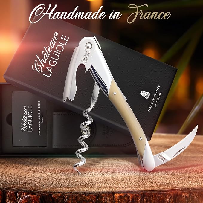 Chateau Laguiole Corkscrew - Grand Cru - White Horn French Luxury Laguiole Wine Opener – Laguiole Wine Key Made in France - Wine Sommelier Bone Handle Wine Corkscrew with Leather Sheath & Gift Box