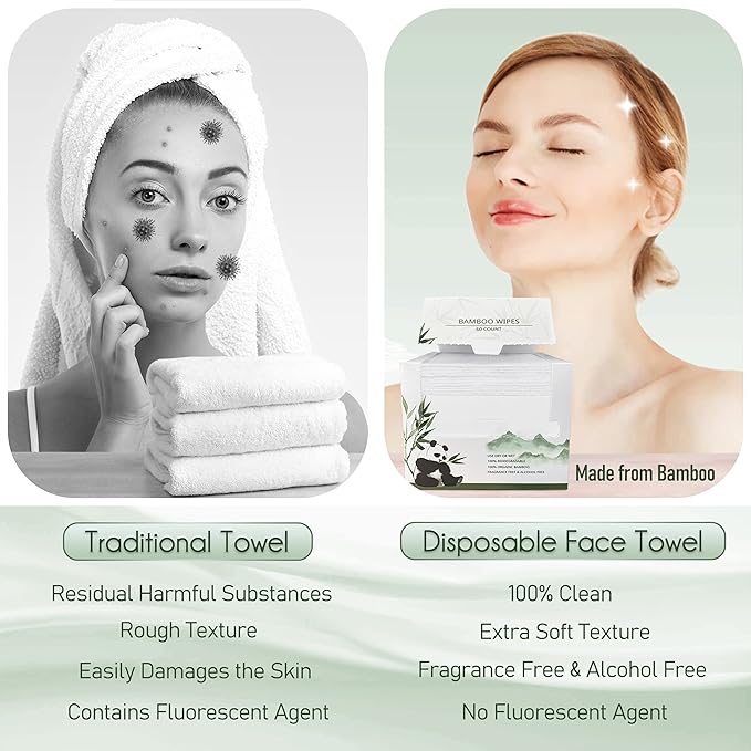 WOWOTEX Bamboo Viscose Disposable Face Towel Biodegradable Large Dry Face Wipes 60 Count Extra Thick Soft Clean Facial Towels for Sensitive Skin, Makeup Removing, Facial Cleansing, Nursing, Travel