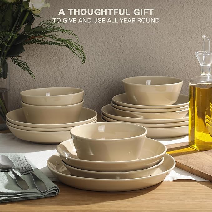 Gibson Home Summer Shades 16 Piece Plates and Bowls Dishes Service for 4 Porcelain Dinnerware Set - Taupe