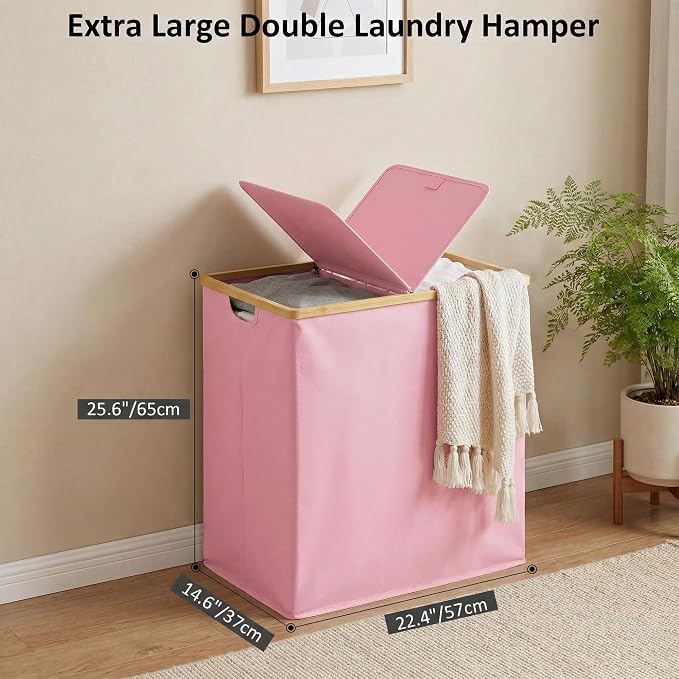 efluky Laundry Hamper with Lid, Double Laundry Basket with 2 Removable Bags, 2 Section Laundry Bin with Bamboo Handles for Bathroom, Bedroom & Laundry Room, 140L (36.9 Gallon) Pink