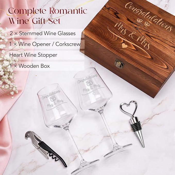 Congrats Mrs. & Mrs. Wedding Wine Glass Set, Lesbian, Wooden Box | Engraved Wine Glasses, Set Of 2, Congratulations Mrs And Mrs, Lesbian Wedding, Wooden Keepsake Box, Bottle Stopper, Corkscrew