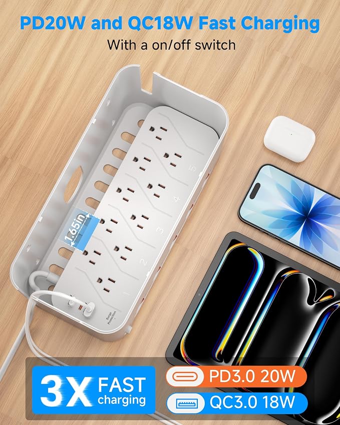 Surge Protector Power Strip with Cable Management Box,Cord Organizer Box with 10 Outlets and 3 USB Ports,Individual Switches,6 ft Flat Plug Extension Cord,Under-Desk and Desk Wire Storage Hider,White