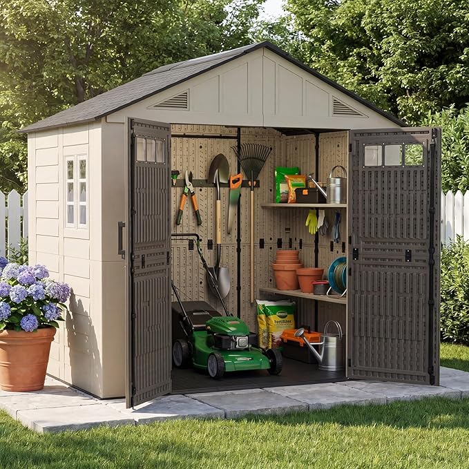 Aoxun 8x6 Ft Outdoor Storage Shed with Floor, Large Resin Outdoor Shed with Lockable Door & Windows, Garden HDPE Sheds for Lawn Tools, Pool Supplies & Bikes