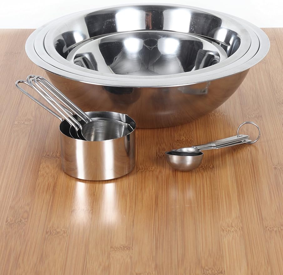 CucinaPrime Stainless Steel Mixing Set Mixing Bowls (1.5, 3, 4, and 5 Quart) Measuring Cups and Measuring Spoons