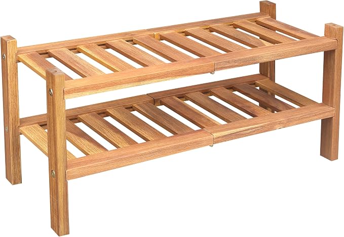 2-Tier Acacia Wood Stackable Shoe Rack - Brush Teak